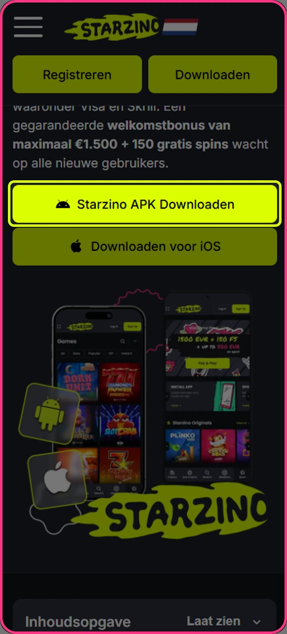 Vind de knop om de Starzino online casino applicatie te installeren op de officiële website.