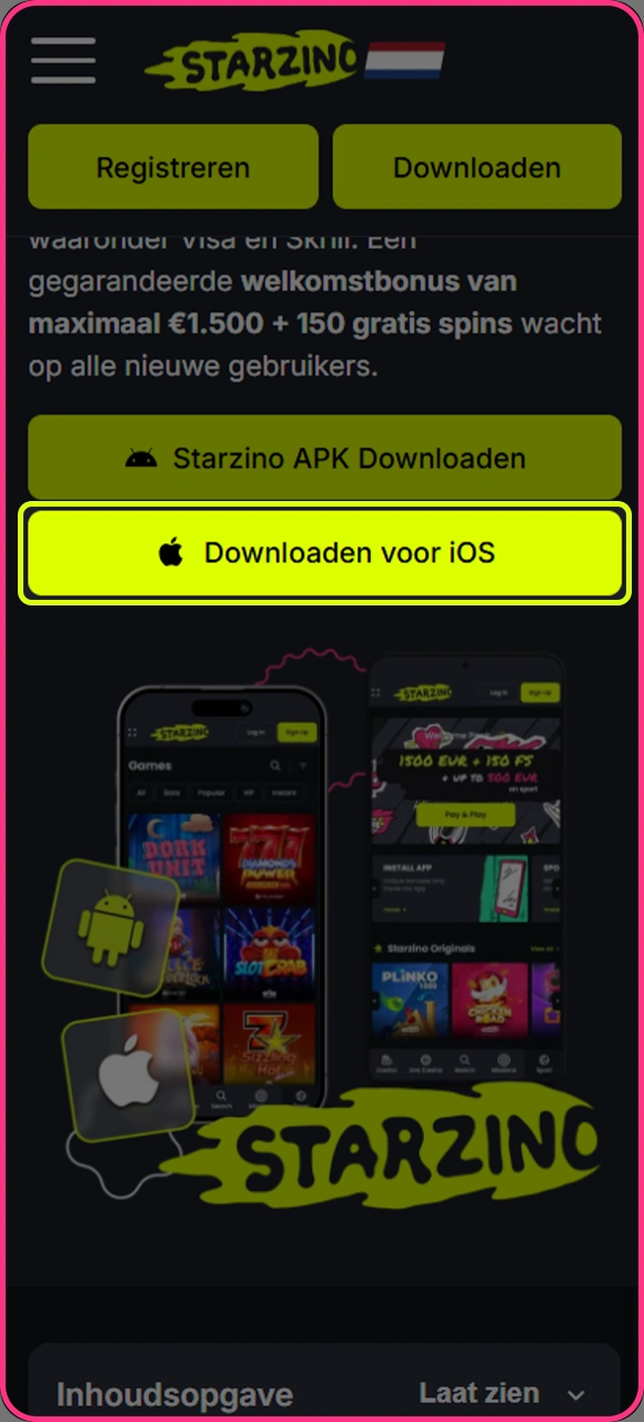 Download de Starzino online casino-app op uw iOS-telefoon vanaf de officiële website.