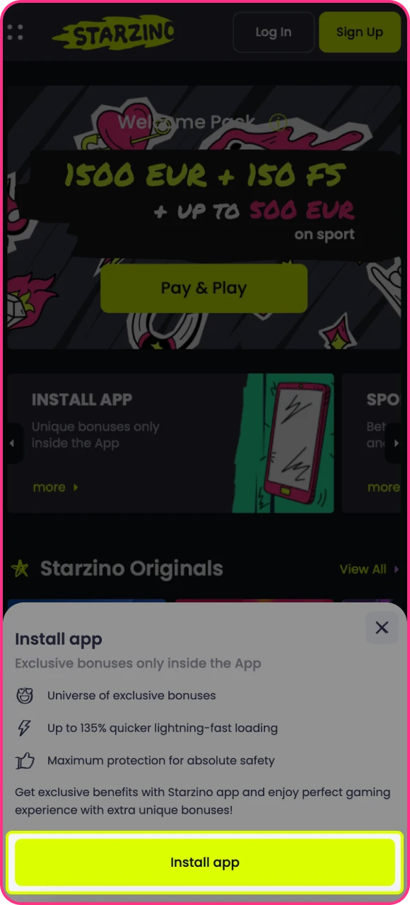 Vind de knop om de applicatie te installeren op uw iOS-telefoon op de officiële website van het Starzino online casino.
