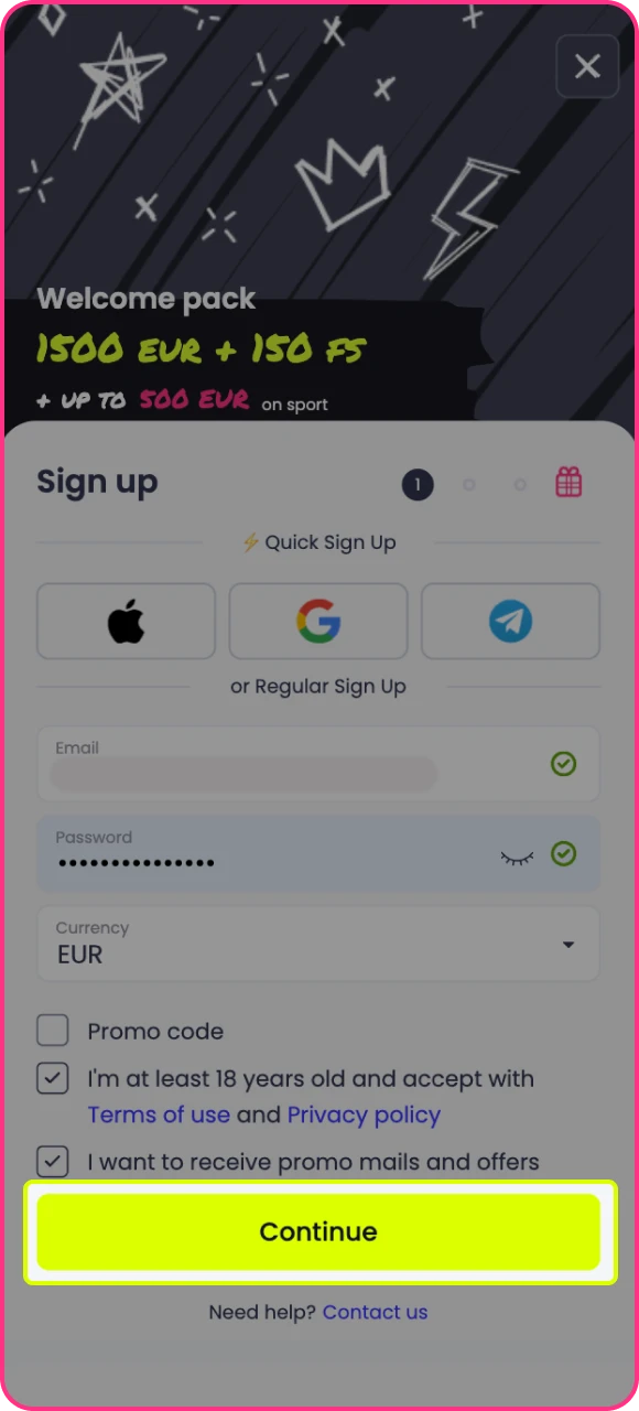 Controleer uw gegevens en voltooi het registratieproces bij Starzino online casino.